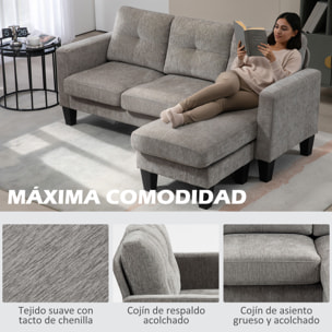 Sofá Chaise Longue Reversible, Sofá de 3 Plazas en Forma de L, Tapizado en Chenilla, Asiento y Respaldo Acolchados, Estructura de Acero, 186x130x84 cm, Marrón Topo