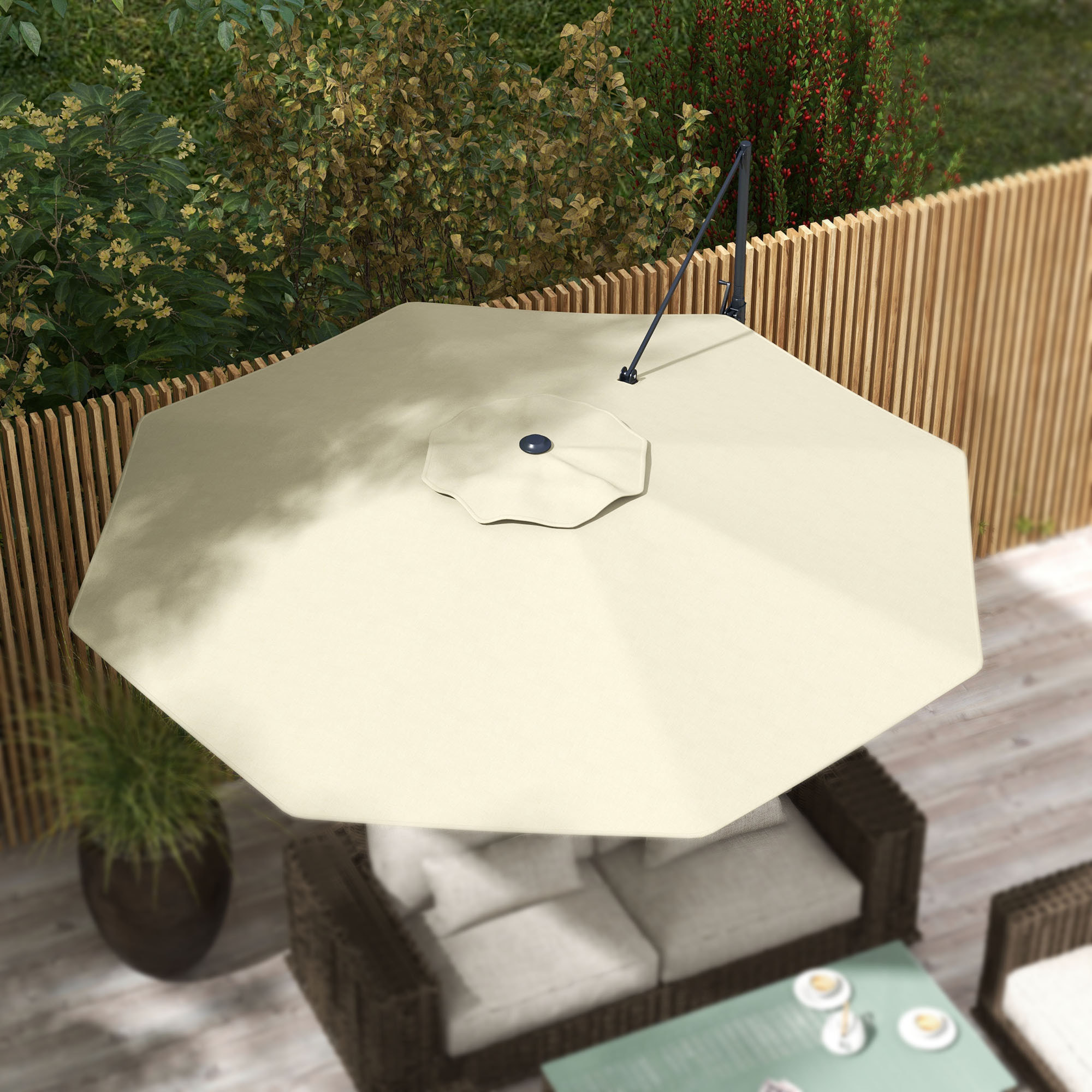 Sombrilla de Jardín Ø294x242 cm Parasol de Terraza con Altura Ajustable Poste Giratorio 360° Ángulo de Techo Ajustable y Ventilación Superior para Patio Piscina Crema