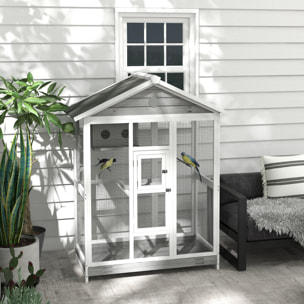 Cage oiseau grande taille - volière à oiseaux dim. 112 x 68 x 154 cm - nombreux accessoires - métal bois blanc gris noir