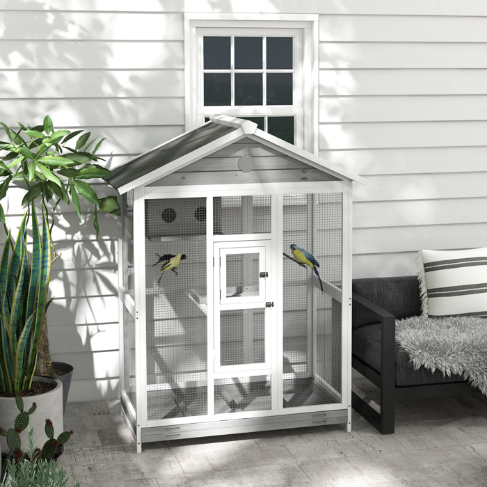 Cage oiseau grande taille - volière à oiseaux dim. 112 x 68 x 154 cm - nombreux accessoires - métal bois blanc gris noir