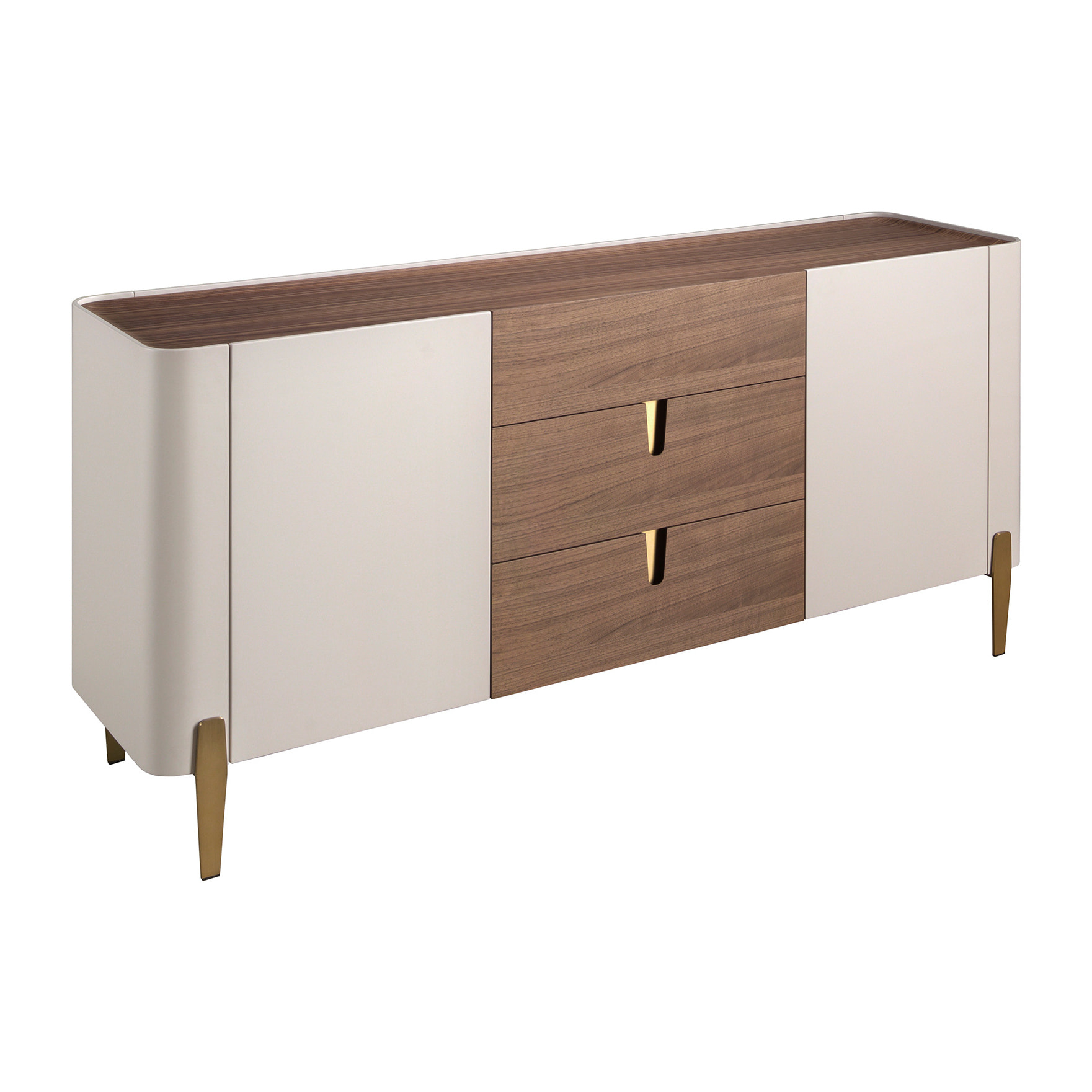 Aparador de madera chapada en nogal natural y madera MDF lacada en beige patas de acero inoxidable pulido en dorado 180x47x80cm
