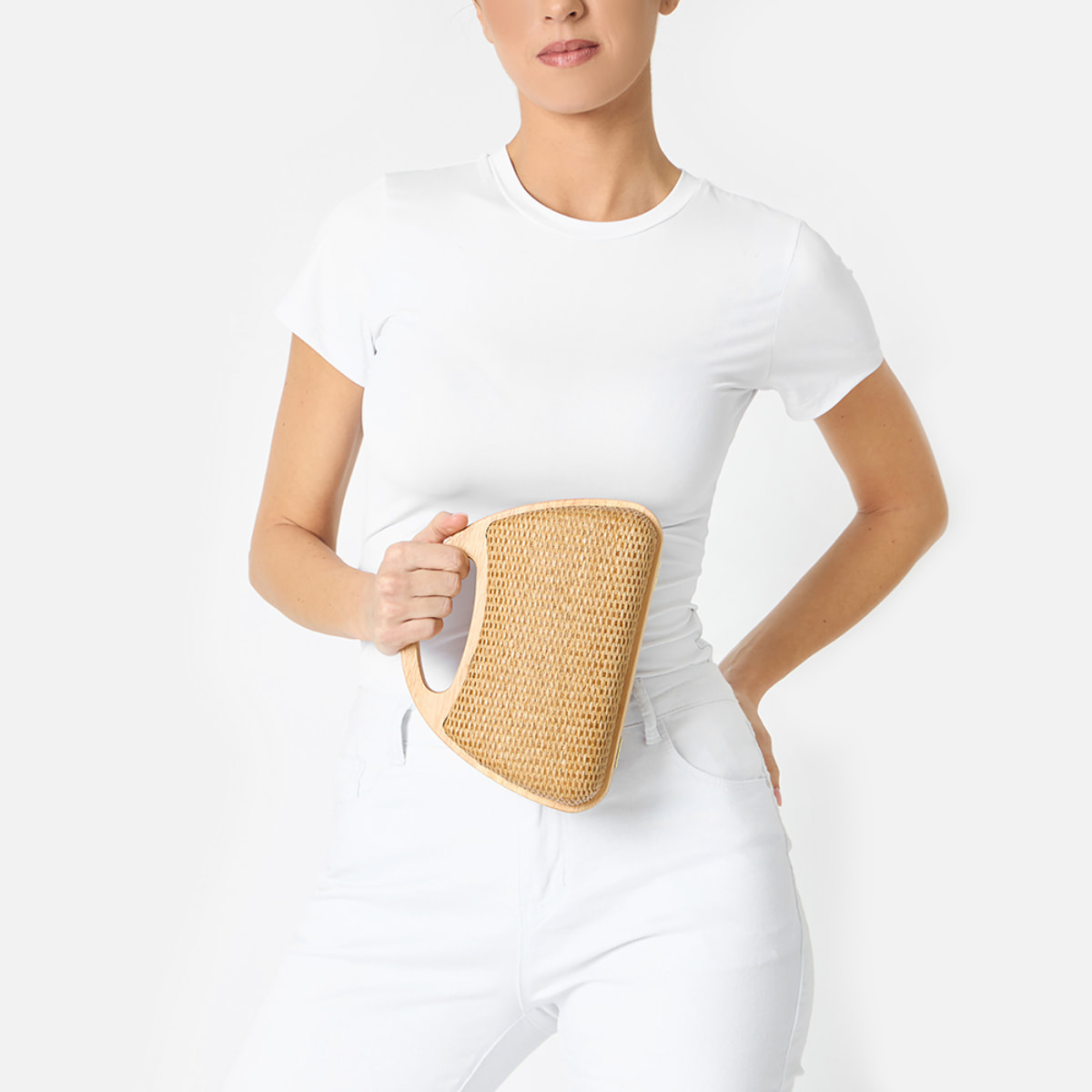 Mini bag donna camel in raffia con manico in legno