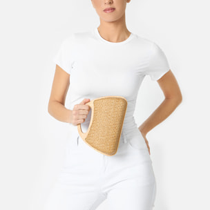 Mini bag donna camel in raffia con manico in legno