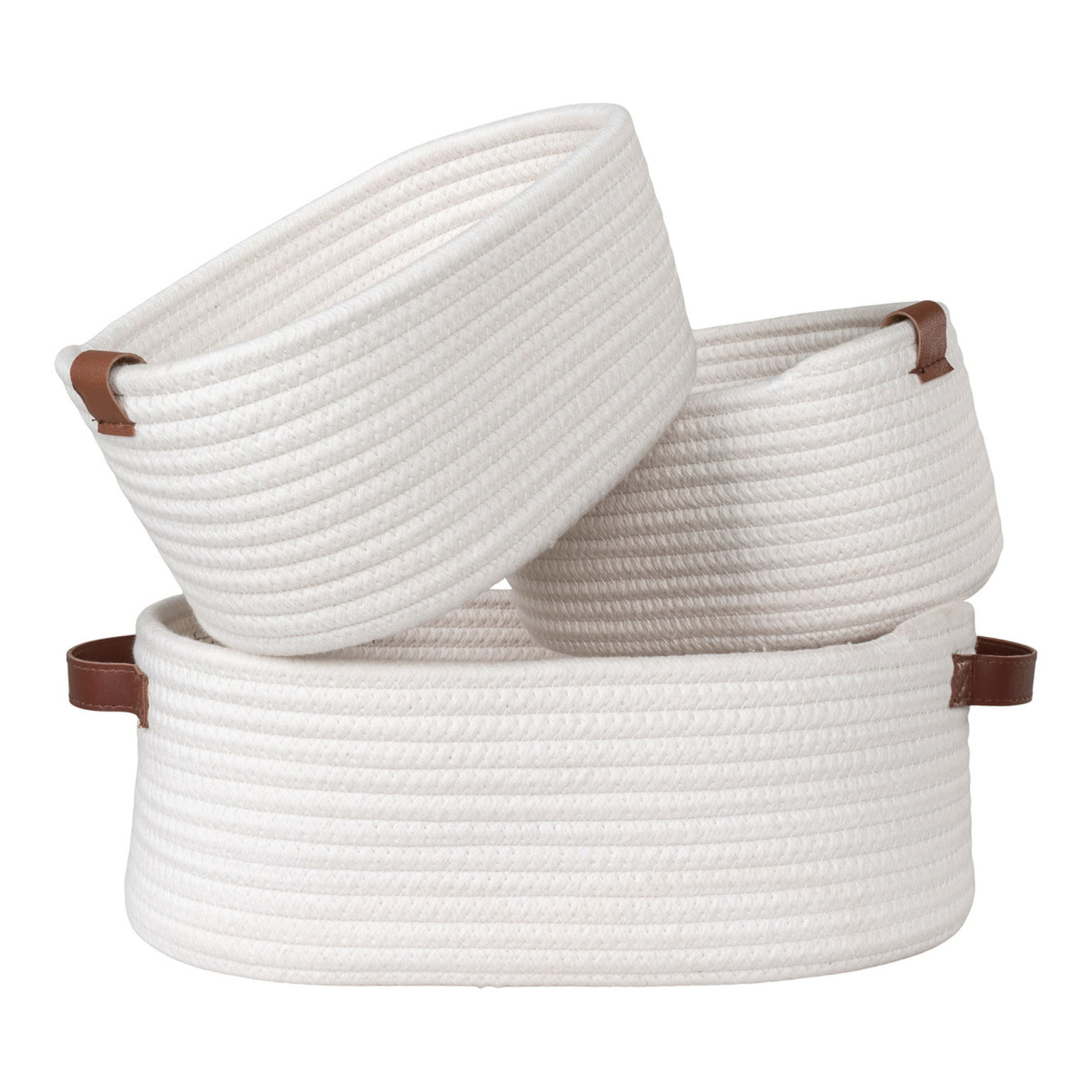Set 3 cestini Jarana in cotone bianco con manici in cuoio