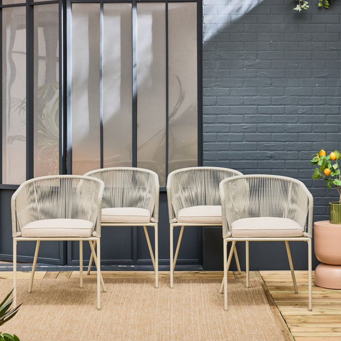 Lot de 4 fauteuils de jardin en corde beige et acier galvanisé. coussins beige