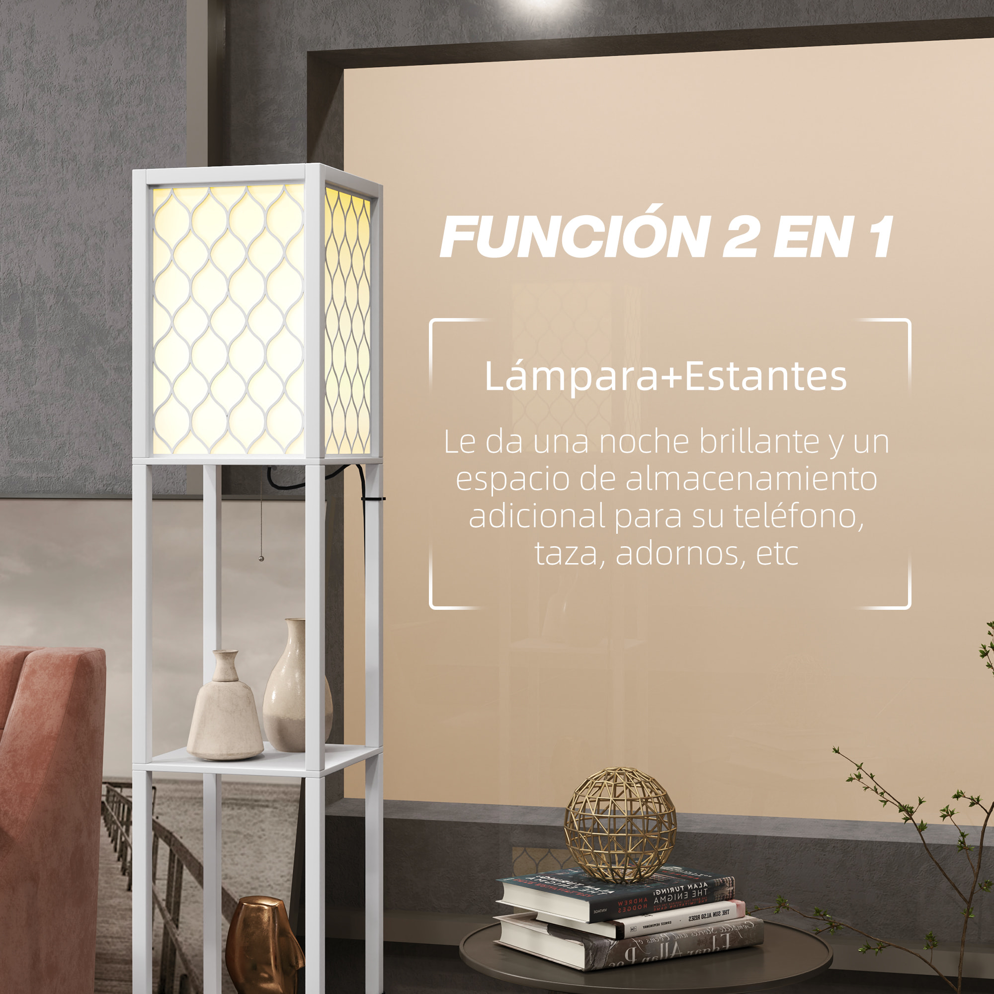 Lámpara de Pie Moderna con Estantes, Lámpara de Pie para Salón Casquillo E27, 40 W, con Pantallas de Tela de Malla e Interruptor de Cadena, para Dormitorio, Oficina y Sala de Estar, Blanco