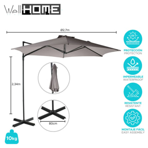 Well home - sombrilla colgante push up de ø270cm en color topo con base de acero cruzado