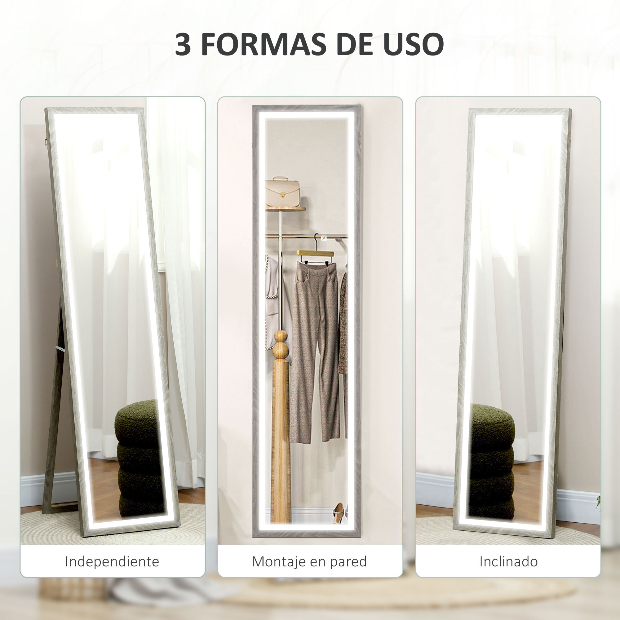 Espejo de Cuerpo Entero con Luz LED 160x40 cm Espejo de Pie o de Pared con Iluminación de 3 Colores Táctil Inteligente Función de Memoria y Soporte para Salón Dormitorio Gris