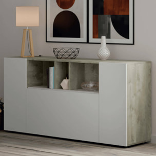 Credenza Paterson, Madia moderna a 3 ante, Buffet da soggiorno con scomparti, Madia da salotto, Mobile Porta TV, cm 150x41h76, Bianco e Rovere