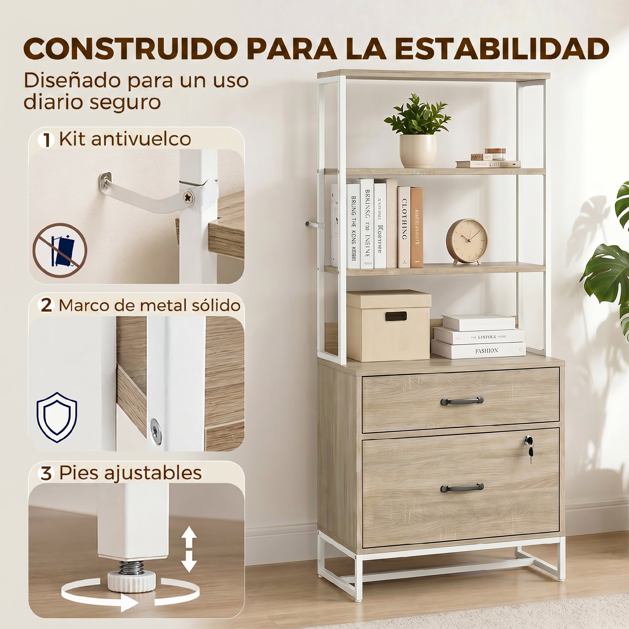 Cajonera Escritorio con Estantería, Mueble Archivador con 2 Cajones, Encimera para Impresora, Cerradura, para A4 Letter Legal, para Oficina, Estudio, Roble