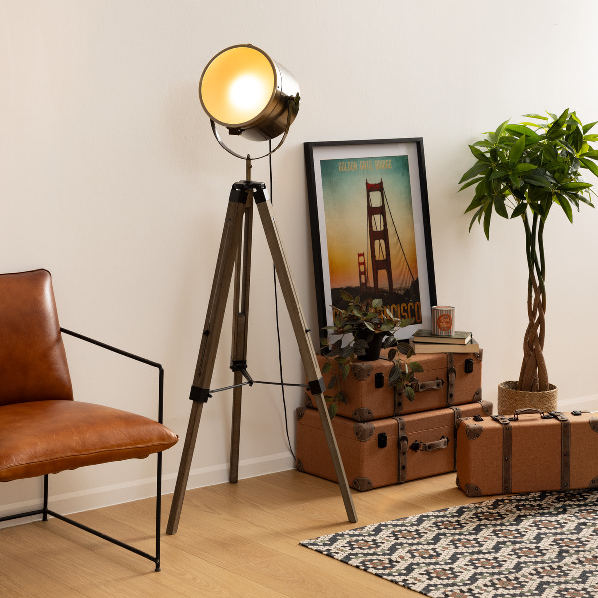 Lampadaire trépied "Ebor" bronze - bois & acier H152 cm