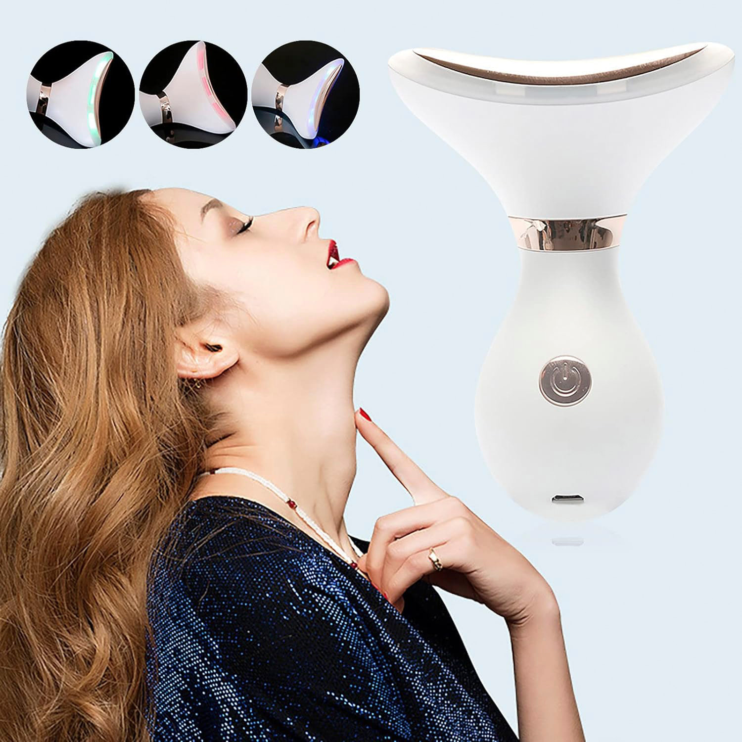 Strumento di bellezza, cura della pelle, 5 in 1: trattamento di calore, vibrazione e tripla luce LED.