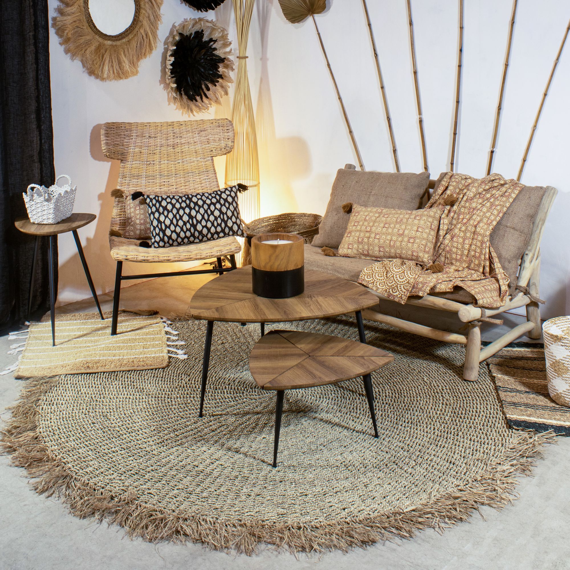 Tapis en fibres naturelles de mendong avec franges 180cm SERIFOS