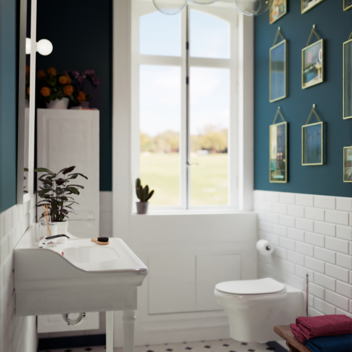 Pack meuble vasque 3 trous Cléo 1889 blanc velours + colonne gauche + miroir + mélangeur poignés or