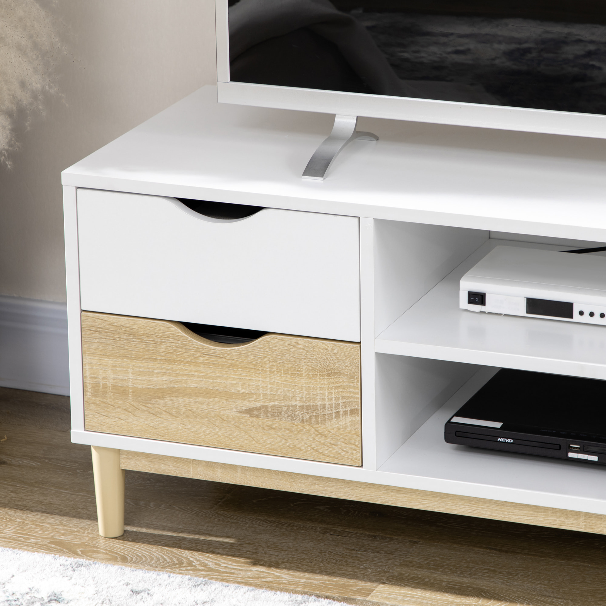 Mueble TV de Salón Mesa para TV para Televisores de hasta 55" con Estantes de Almacenamiento y 4 Cajones para Dormitorio 120x40x44,5 cm Blanco y Roble
