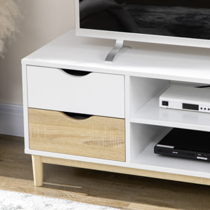 Mueble TV de Salón Mesa para TV para Televisores de hasta 55" con Estantes de Almacenamiento y 4 Cajones para Dormitorio 120x40x44,5 cm Blanco y Roble