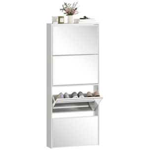 Zapatero Estrecho con Espejo, 4 Puertas Abatibles, Zapatero Entrada Recibidor para 12 Pares de Zapatos, para Pasillo, Espacios Reducidos, 63x17x146 cm, Blanco
