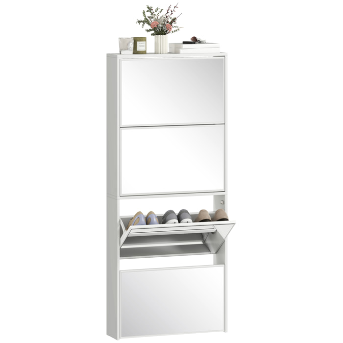 Zapatero Estrecho con Espejo, 4 Puertas Abatibles, Zapatero Entrada Recibidor para 12 Pares de Zapatos, para Pasillo, Espacios Reducidos, 63x17x146 cm, Blanco