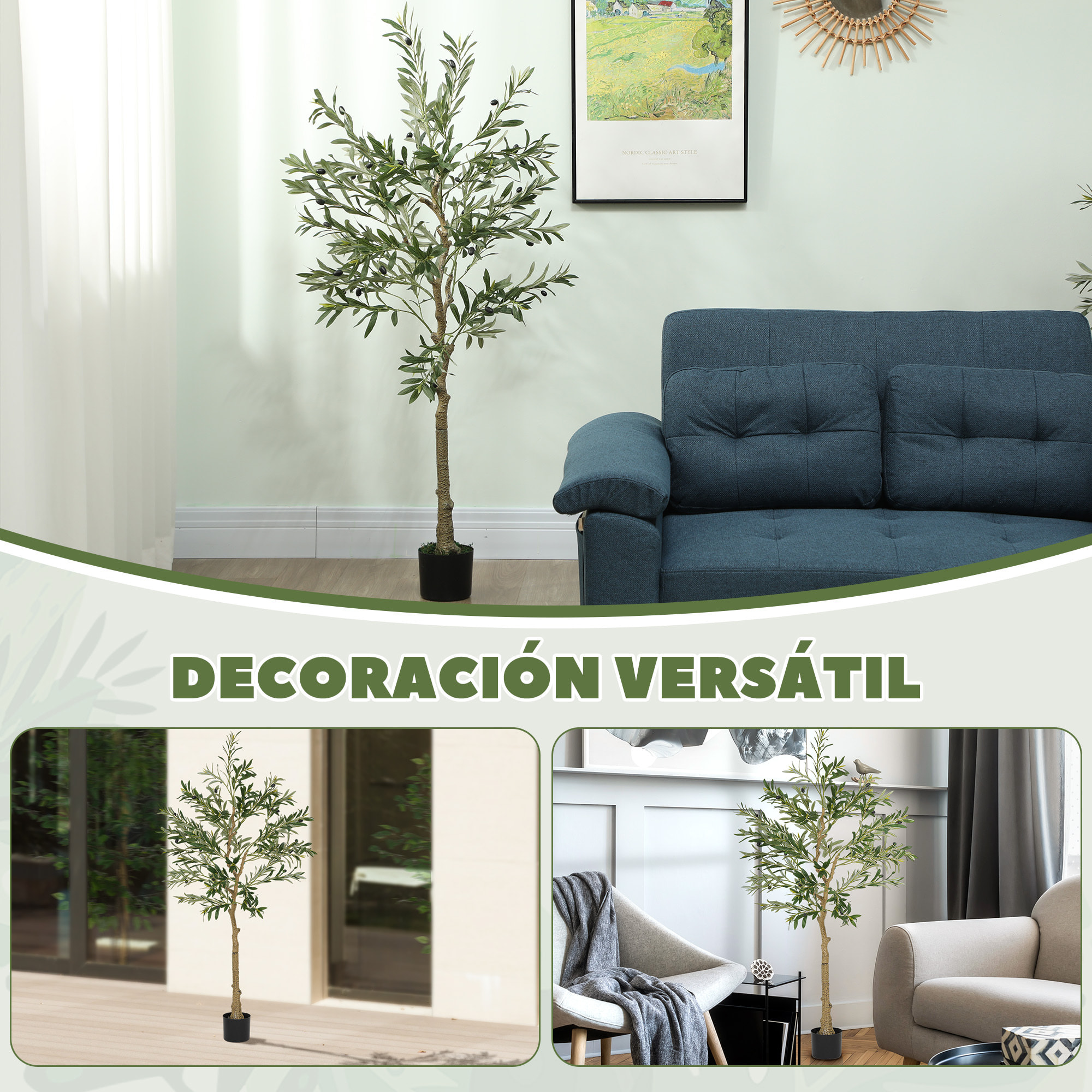 Planta Artificial Decorativa Grande 150 cm Olivo Artificial Árbol Sintético de Interior con 32 Aceitunas Decoración para Hogar Oficina Balcón Dormitorio Verde