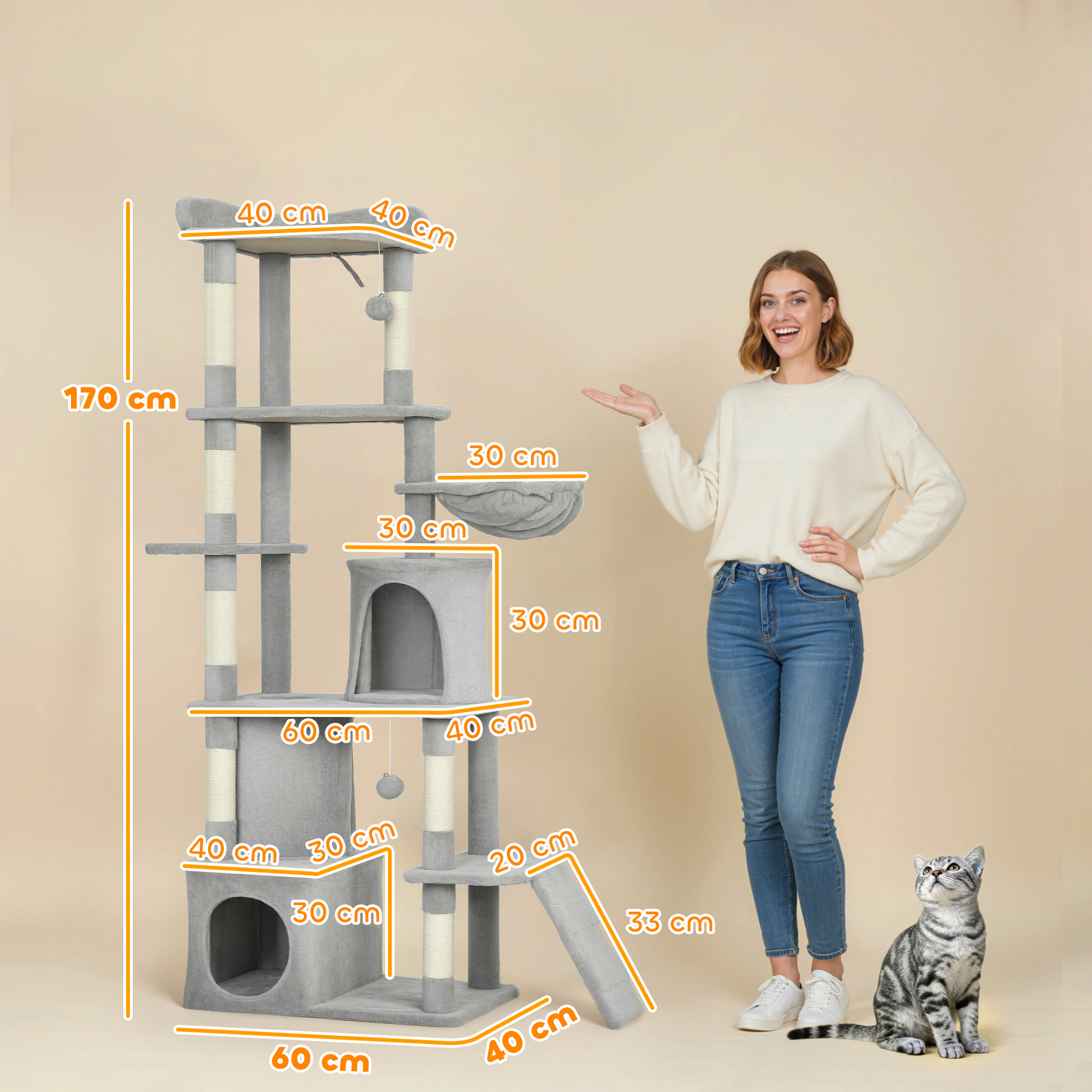 Arbre à chat design gris clair multi-activités - zones de repos, griffoirs - H.170 cm