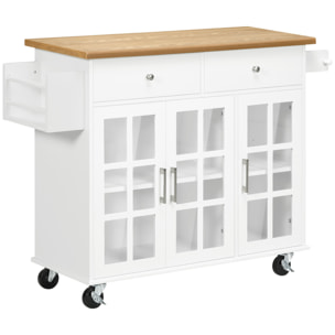 Carro de Cocina Isla de Cocina con Ruedas Multifuncional con 2 Cajones 3 Puertas de Vidrio Templado Toallero y Especiero 124,5x39,5x90 cm Blanco