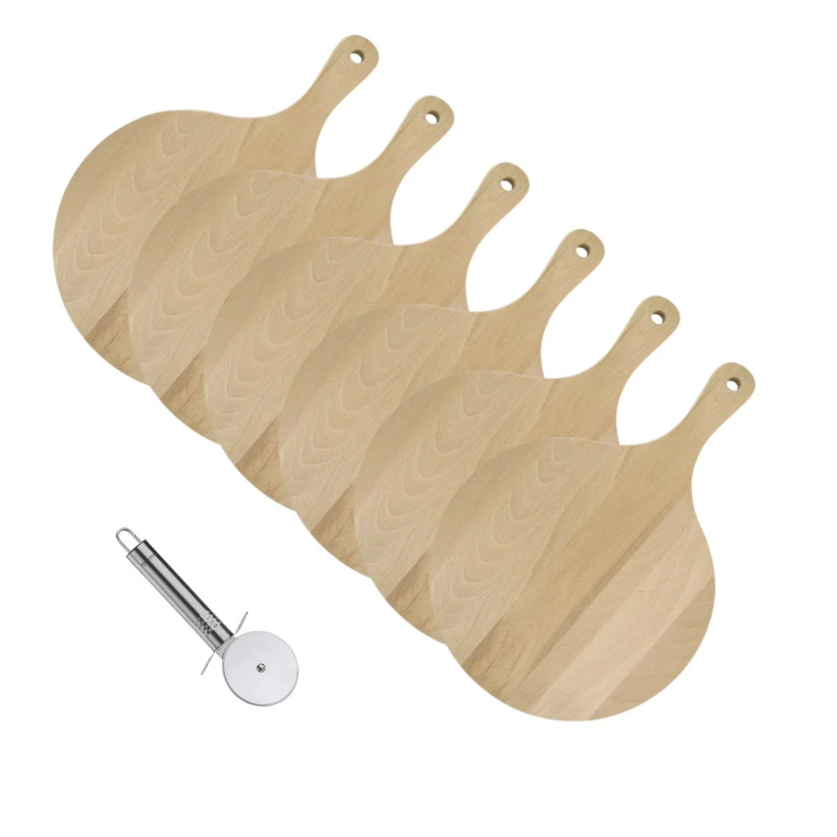 6 planches à pizza 30 cm en bois et roulette Fackelmann Boissellerie