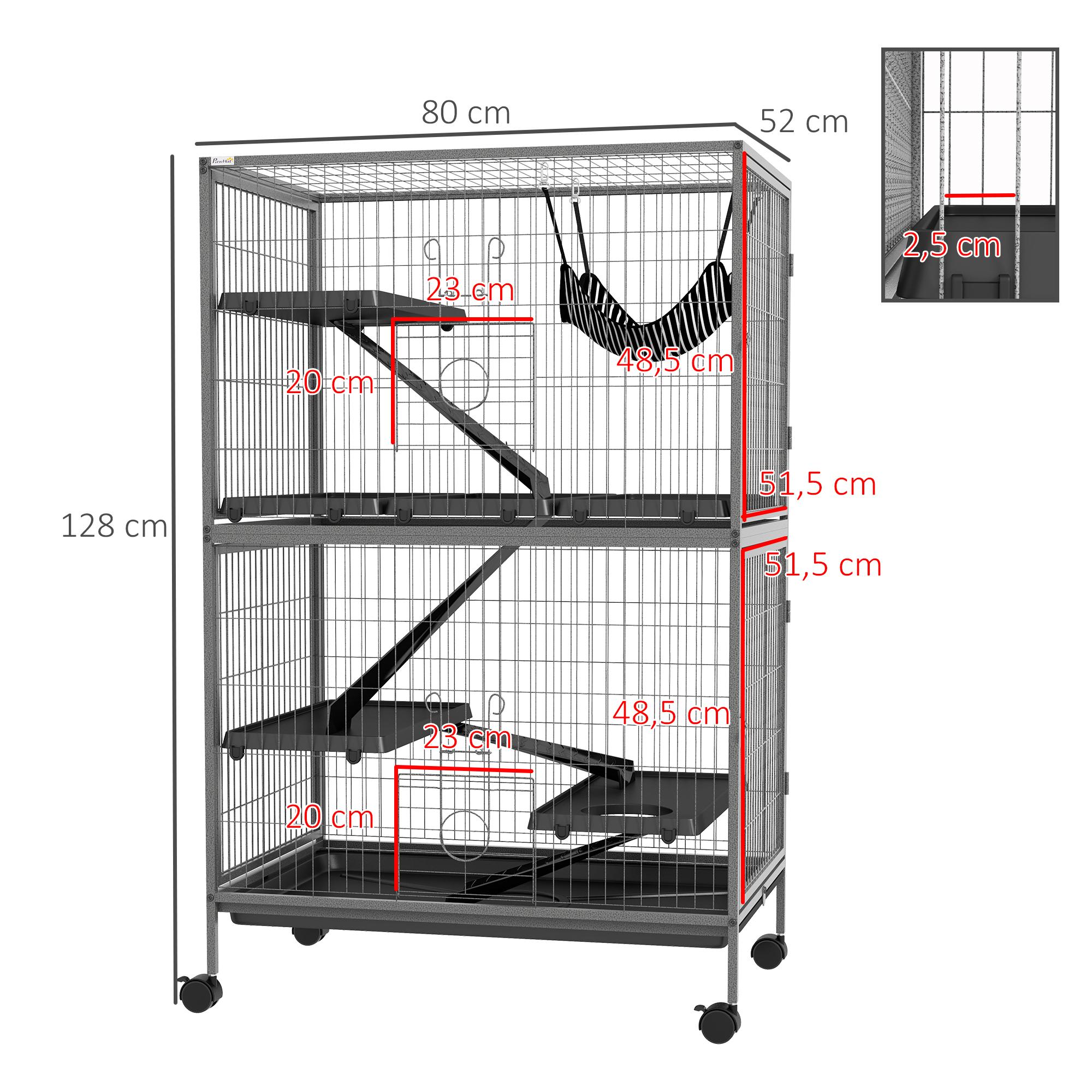 Jaula para Animales Pequeños de 4 Niveles Parque para Mascotas con Ruedas Rampas Hamaca Colgante y Bandeja Extraíble Recinto para Conejos Chinchillas Hurones 80x52x128 cm Gris