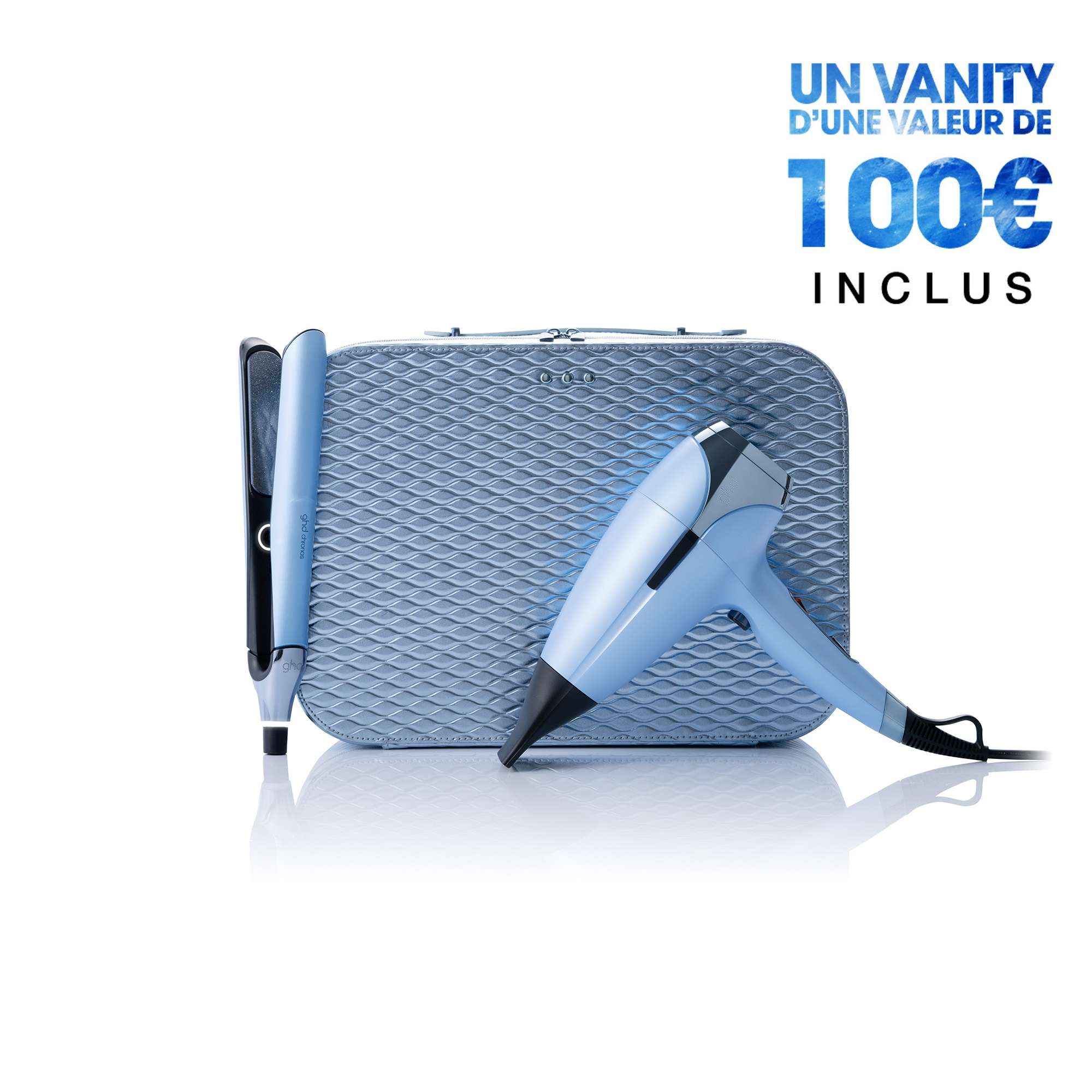 Coffret lisseur ghd chronos et sèche-cheveux ghd helios bleu glacier et son vanity beauté