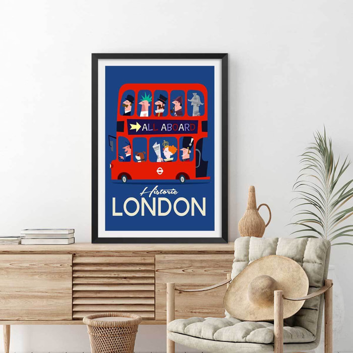 Poster retro bus london Affiche + cadre en bois - Noir