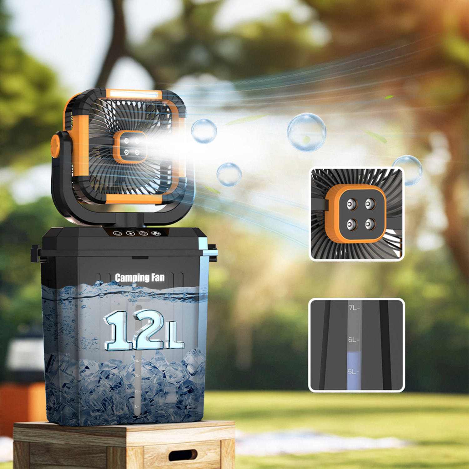 Ventilador F912 de 4 velocidades con depósito de 12L, función de spray, iluminación dual, oscilación y mando remoto. Incluye power bank 20000 mAh, 16 W y viento máx. 4,5 m/s.