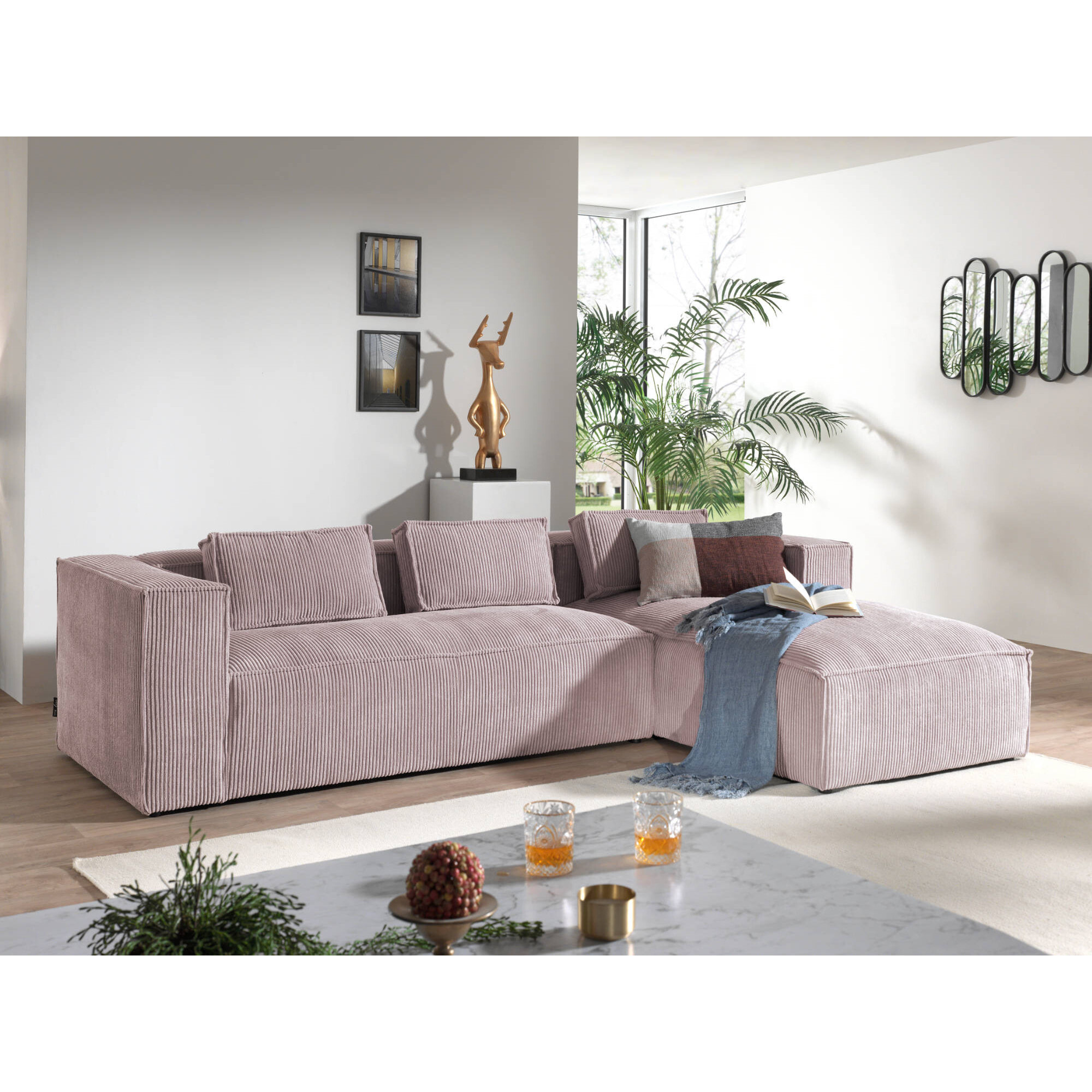 Stella - canapé d'angle droit en velours côtelé - 4 places -style contemporain - Rose