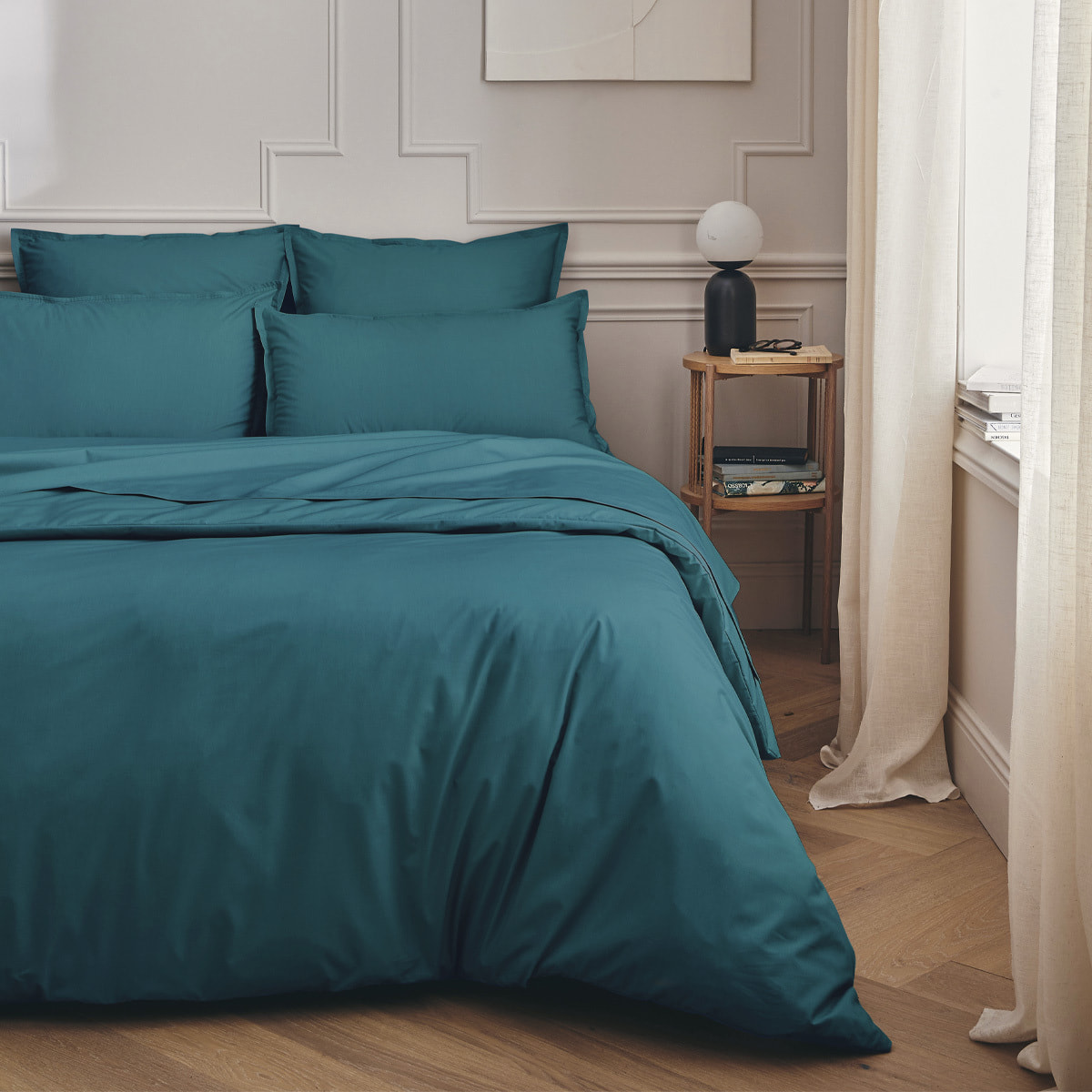 Parure de lit Housse de couette + Taies carrées en percale de coton, PREMIÈRE, Bleu Emeraude