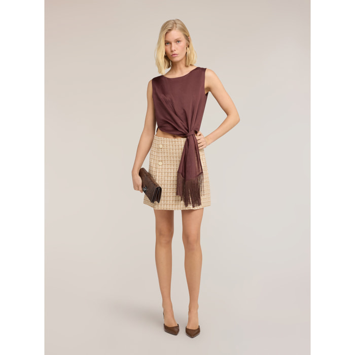 Motivi - Top in voile con nodo e frange - Marrone