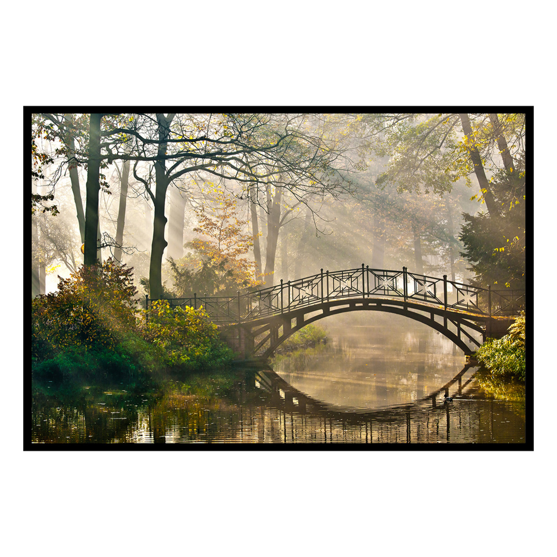 Affiche encadrée pont en forêt brumeuse Affiche + cadre en métal - Noir