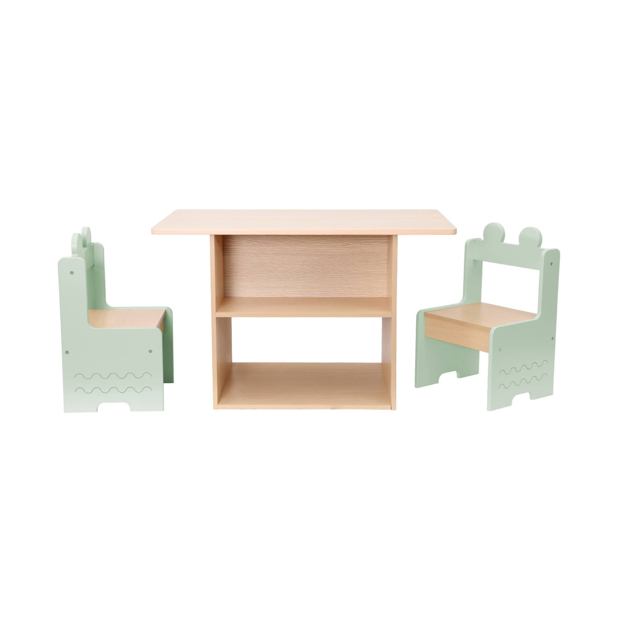 Table enfant + 2 chaises. avec étagères. vert