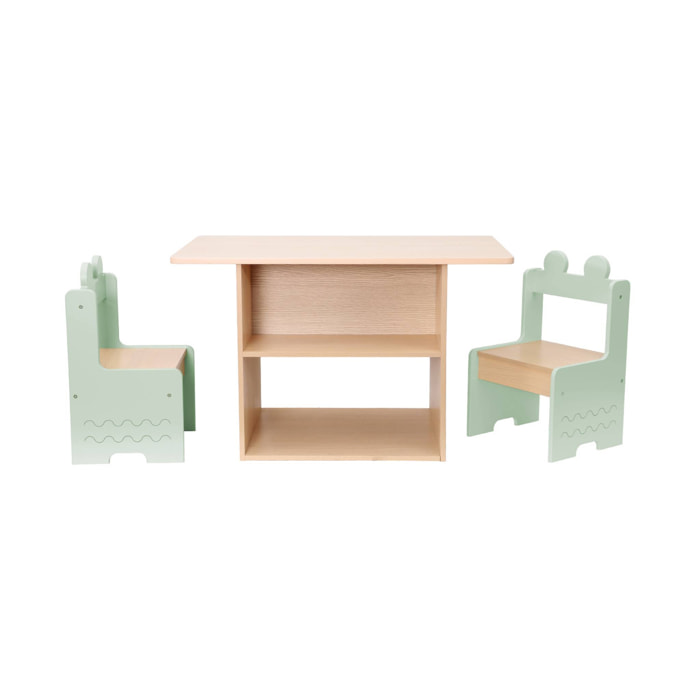 Table enfant + 2 chaises. avec étagères. vert