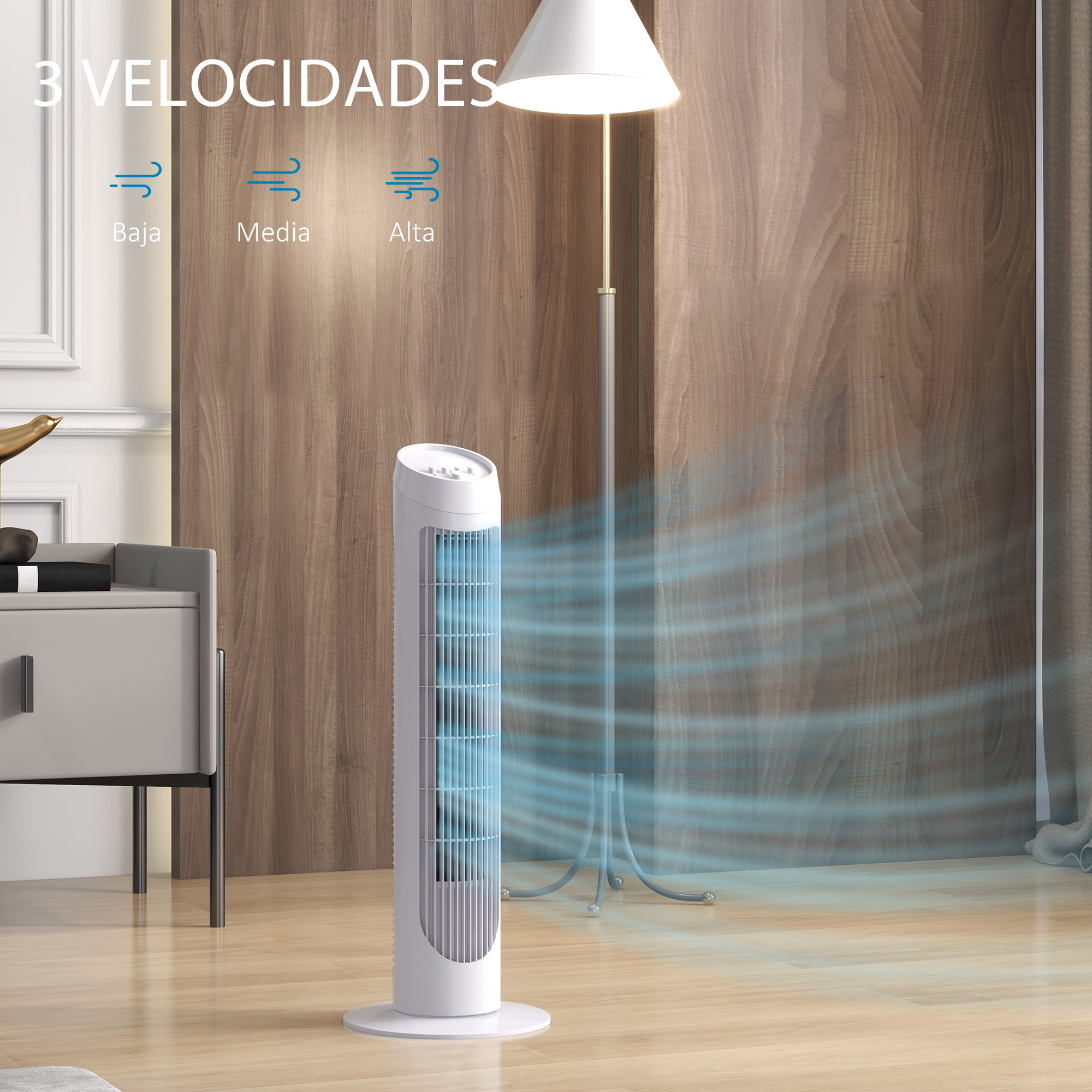 Ventilador de Torre 45W Ventilador Vertical Silencioso con 3 Velocidades Oscilación 70° para Salón Dormitorio Oficina Ø27x75 cm Blanco