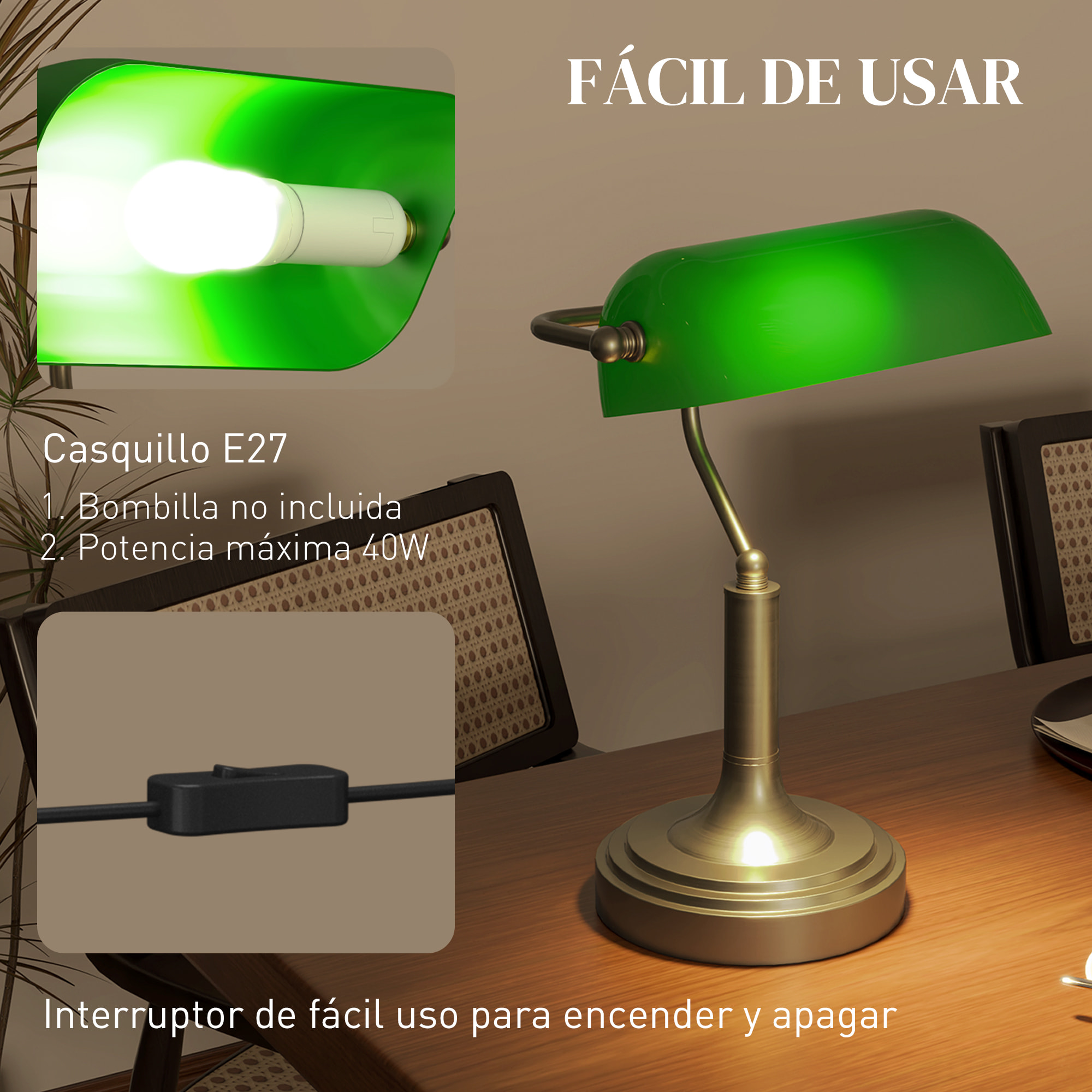 Lámpara de Mesa Vintage Banquero Lámpara de Escritorio Banker E27 con Pantalla Orientable a 45° Interruptor Basculante para Hogar Oficina Biblioteca Verde