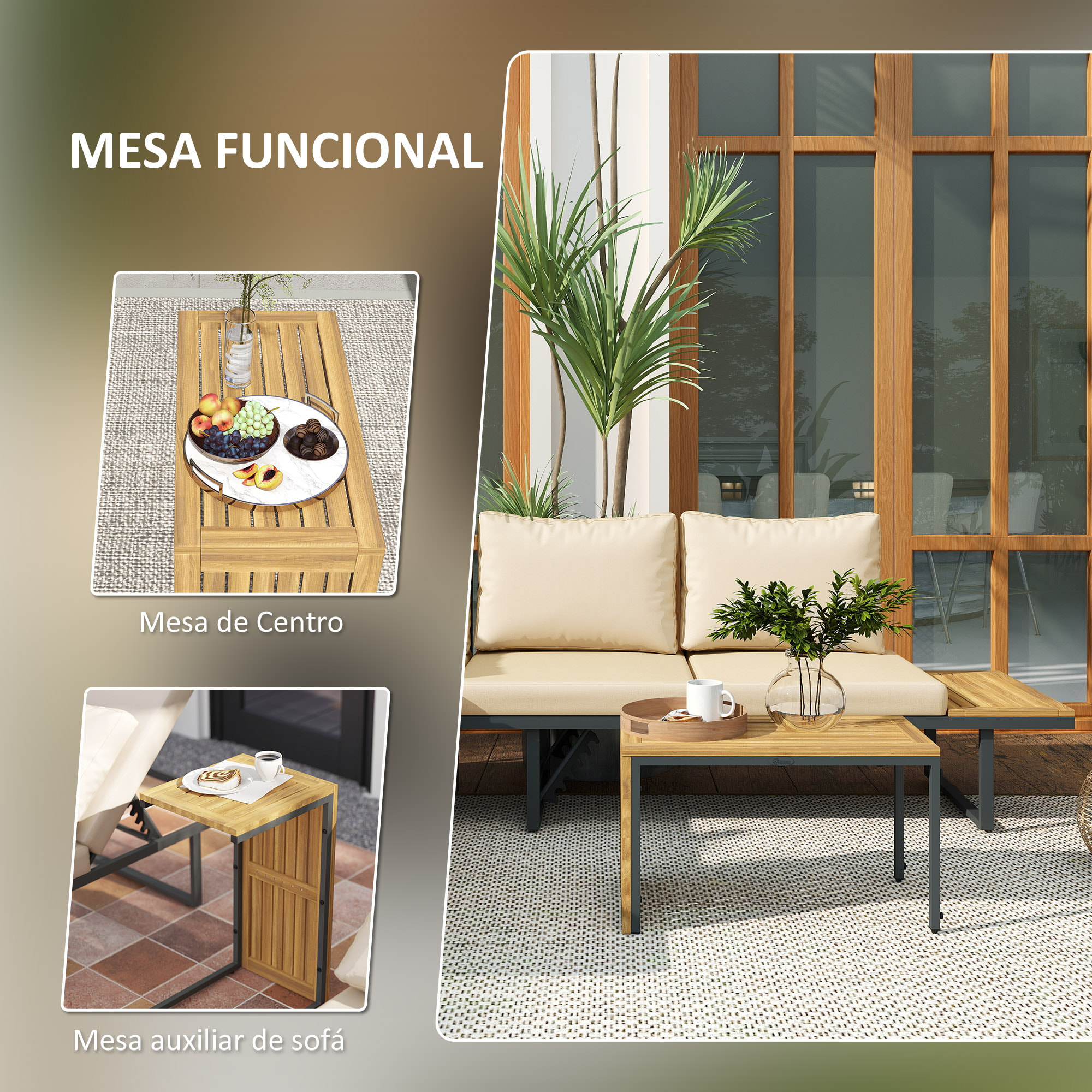 Conjunto de Muebles Jardín Exterior Sofás de Exterior en Forma de L Tumbona con 2 Sofás de 3 Plazas Asiento Ajustable y Mesa de Madera de Acacia Versátil con Cojines Beige y Gris