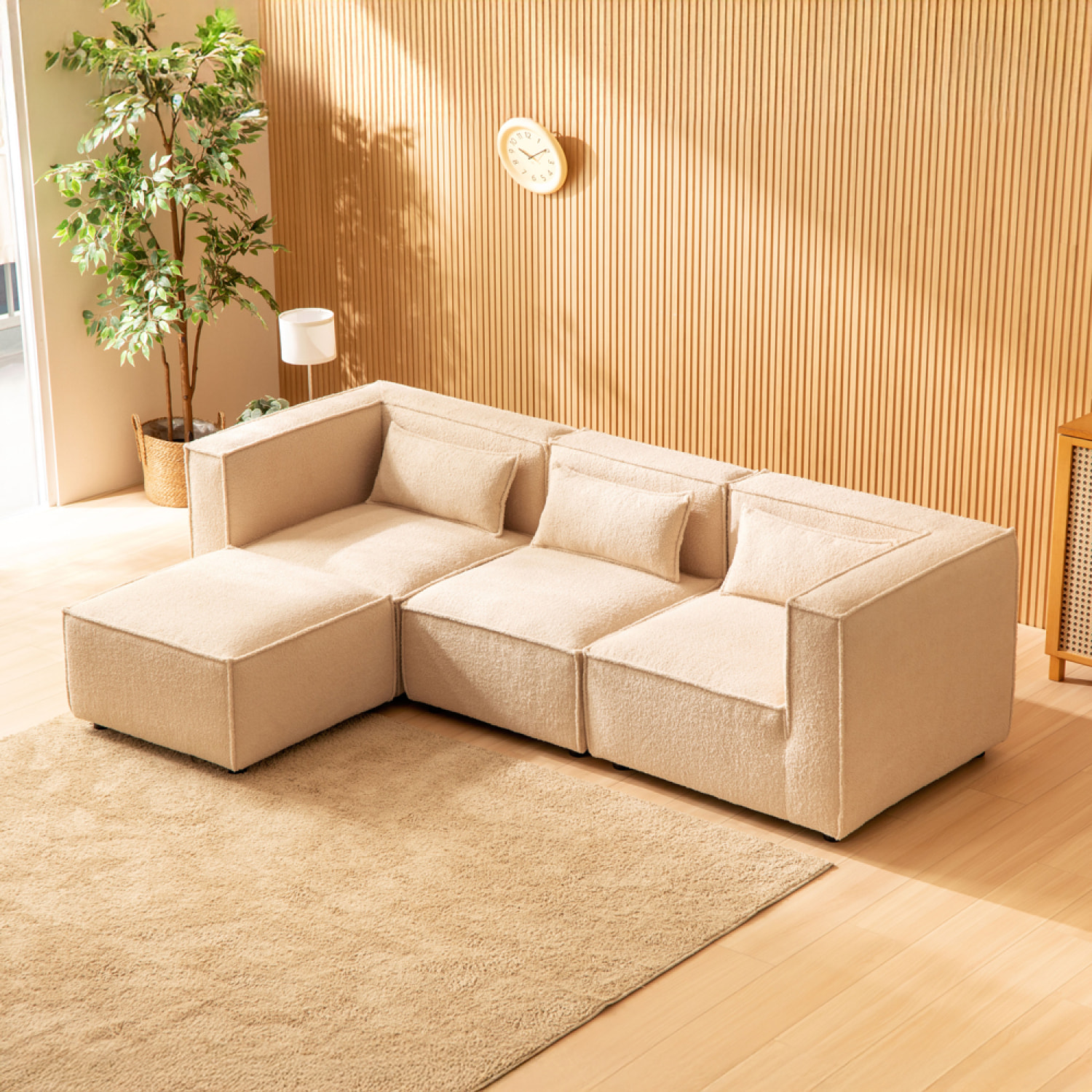 RAMOS Canapé modulable 3 places bouclette beige avec pouf