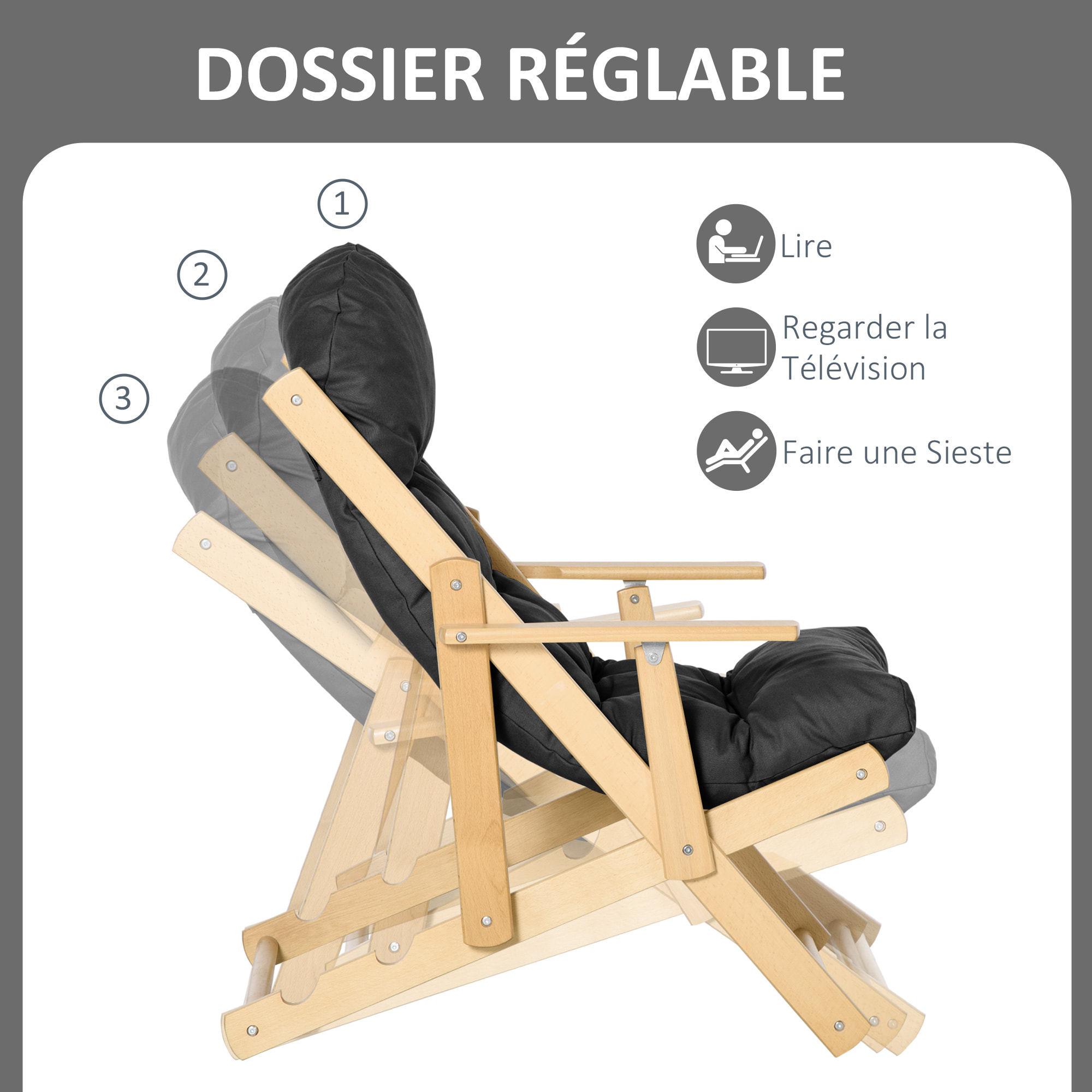 Fauteuil chaise pliable et inclinable en bois grand confort avec coussin capitonné épais - dim. 71I x 89P x 96H cm - noir