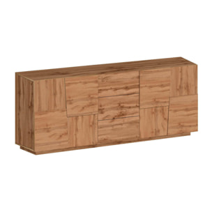 Credenza Ddamsgaar, Buffet da soggiorno, Madia da salotto con 4 ante e 3 cassetti, 220x44h86 cm, Rovere