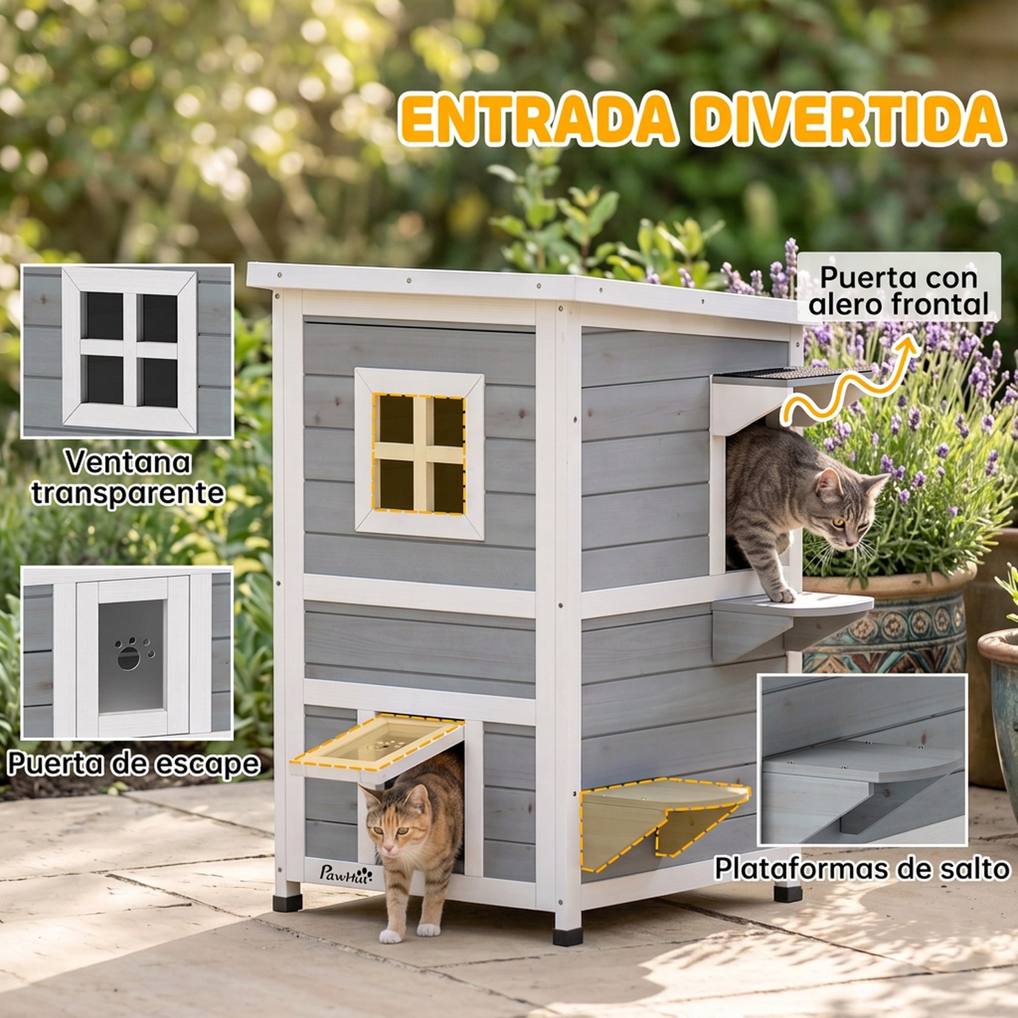 PawHut Caseta para Gatos de Madera Exterior, Casa para Gatos de 2 Niveles con Techo Abatible, Panel Central Extraíble, Ventanas, Puertas, para Terraza, Balcón, Jardín, 51x51x81,3 cm, Gris