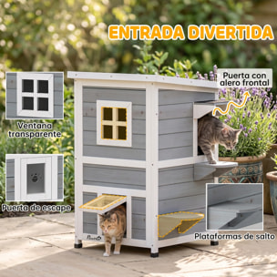 PawHut Caseta para Gatos de Madera Exterior, Casa para Gatos de 2 Niveles con Techo Abatible, Panel Central Extraíble, Ventanas, Puertas, para Terraza, Balcón, Jardín, 51x51x81,3 cm, Gris