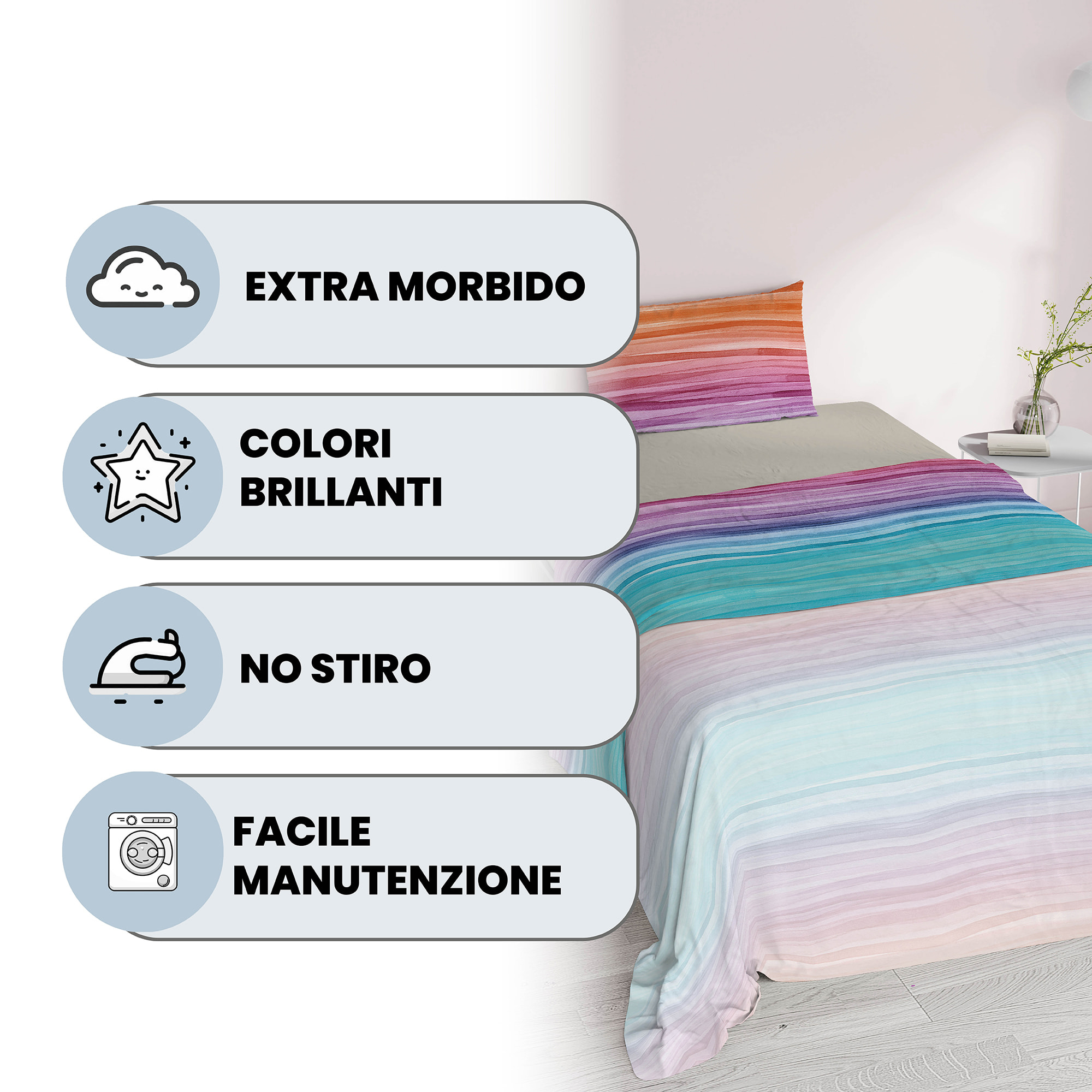 COMPLETO LETTO FANTASY, 100% Microfibra - RAINBOW