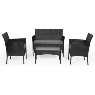 Salon de jardin CORDOUE en résine tressée noire 4 places - coussins gris