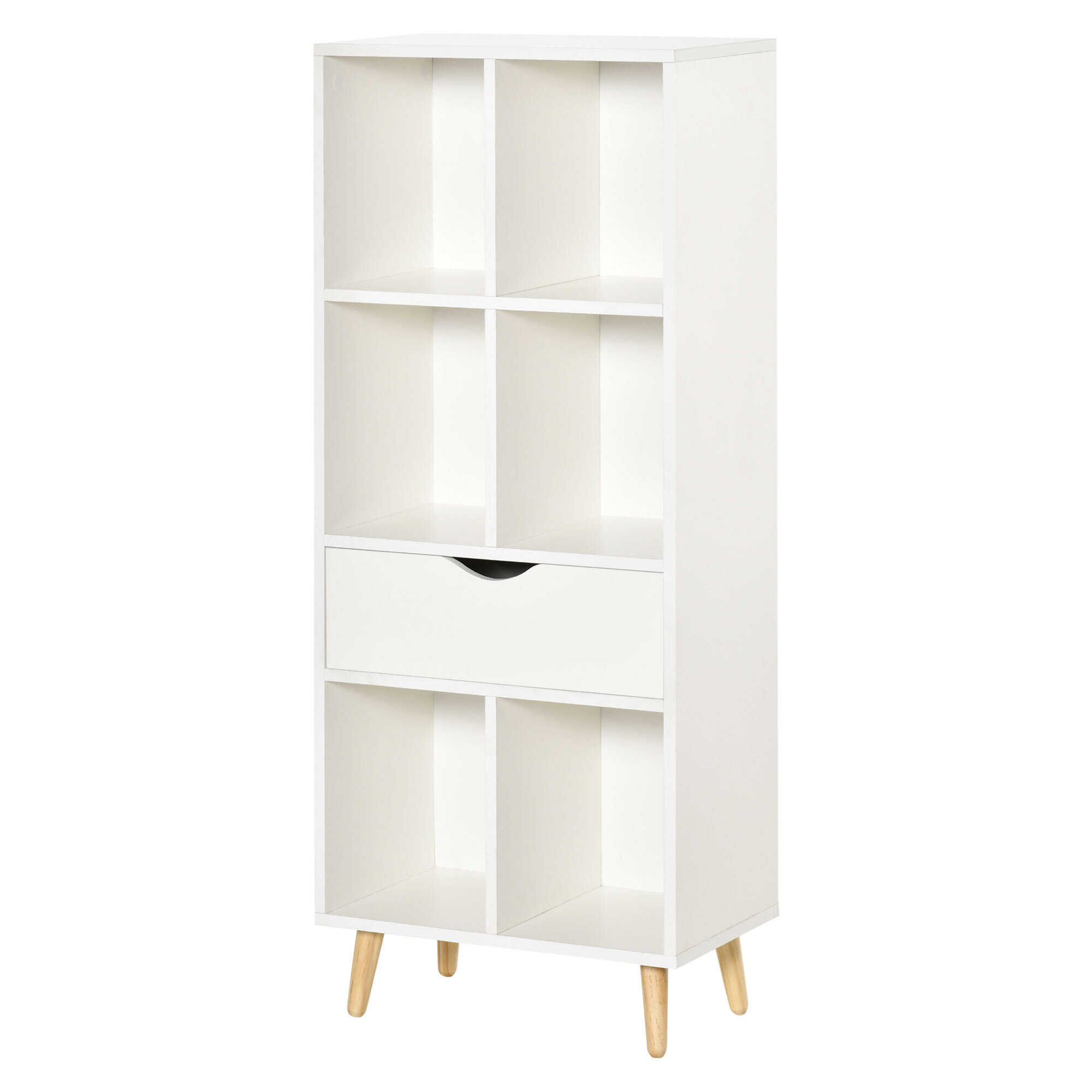 HOMCOM Estantería Librería con 6 Compartimentos Abiertos 1 Cajón y Patas de Madera para Almacenamiento de Libros Juguetes CDs Plantas 50x29,5x120 cm Blanco