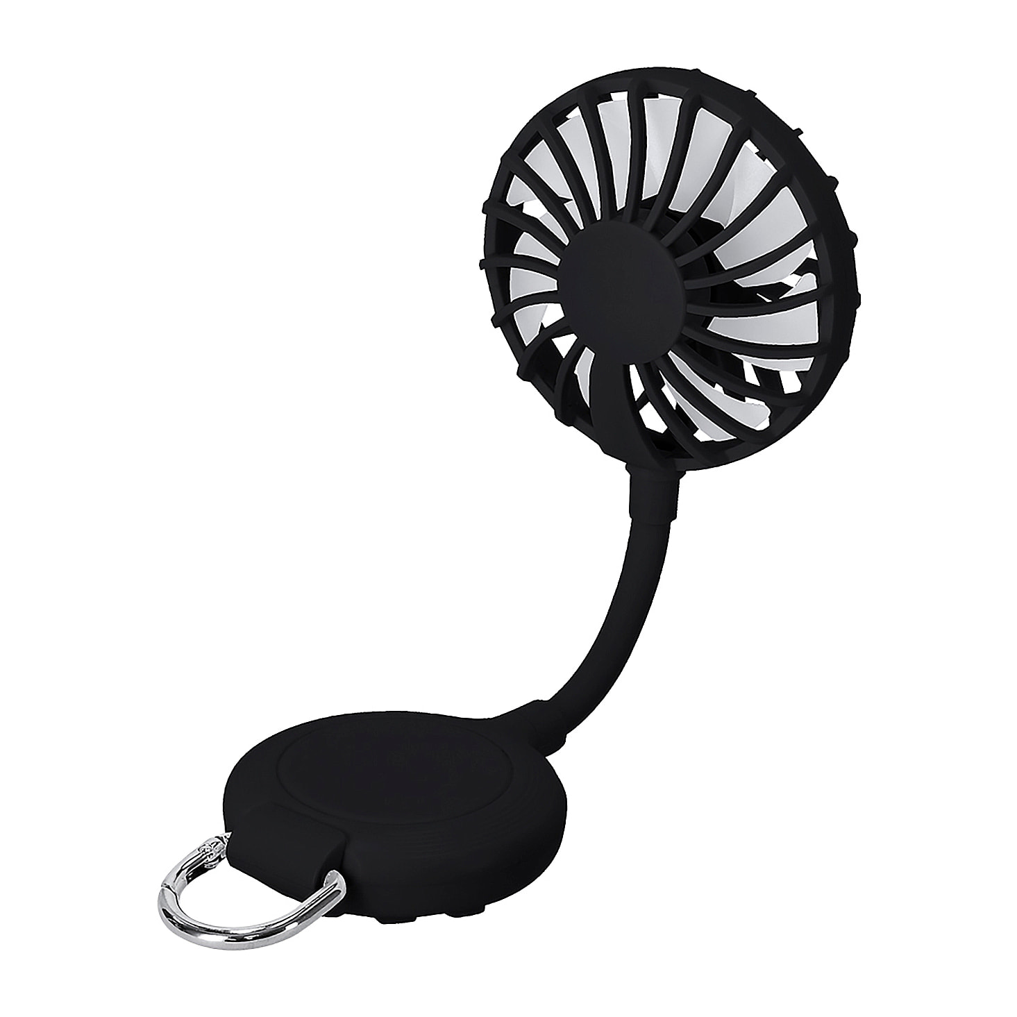 Ventilatore multiposizione con rotazione di 360°, supporto regolabile e ventose per smartphone. Ha 3 velocità, con batteria ricaricabile da 300 mAh.