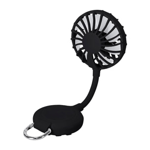 Ventilatore multiposizione con rotazione di 360°, supporto regolabile e ventose per smartphone. Ha 3 velocità, con batteria ricaricabile da 300 mAh.
