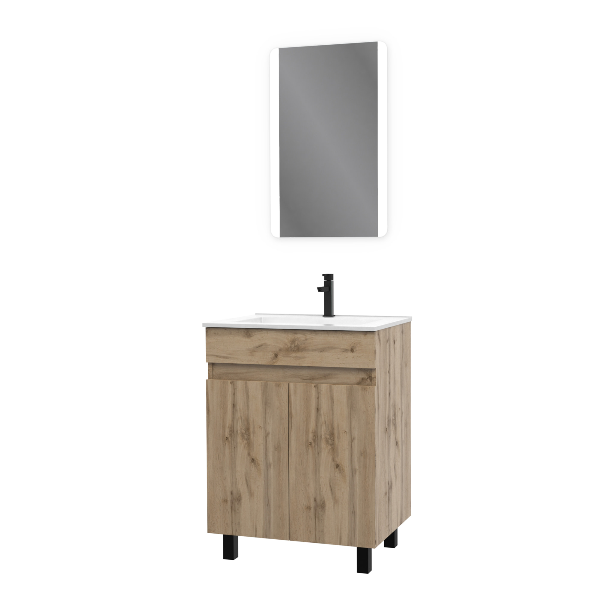 Meuble salle de bain 60x80 - Finition chene naturel - vasque blanche + miroir Led - TIMBER 60